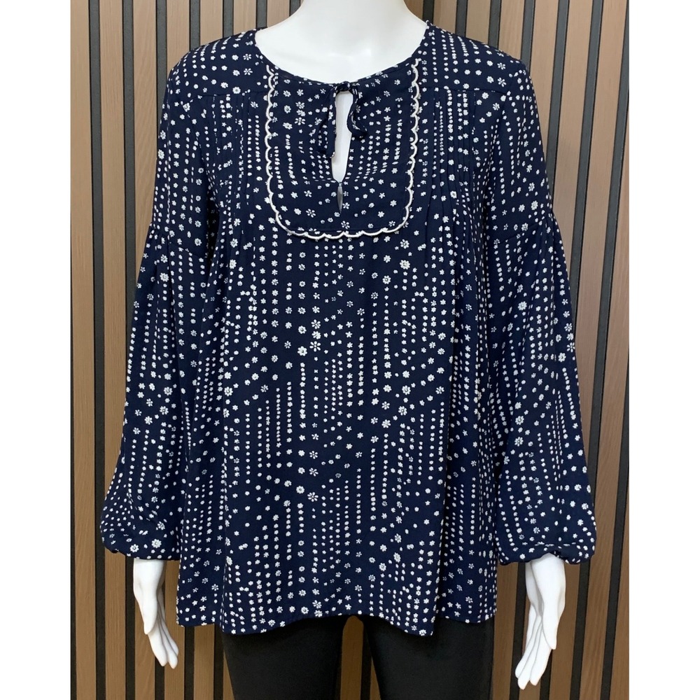 Gap Navy Blue Floral Scallop Trim Keyhole Blouse XS Long Sleeve Puff Sleeve Top